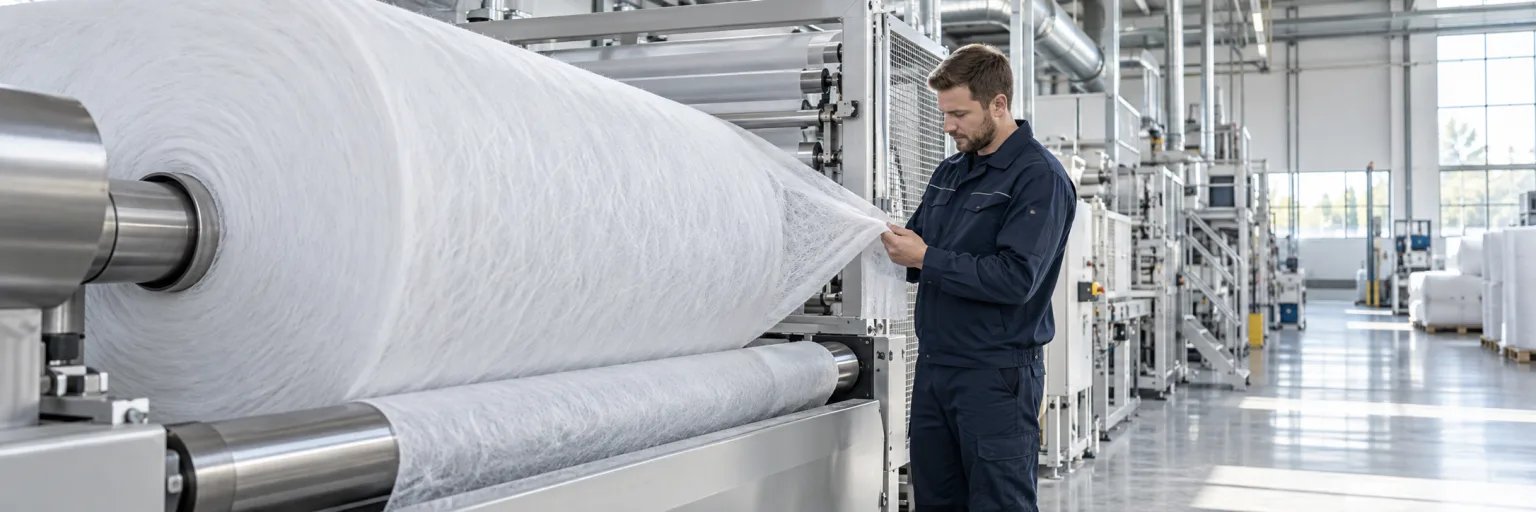 Koncepcyjny kadr operatora przy linii produkcji białej włókniny